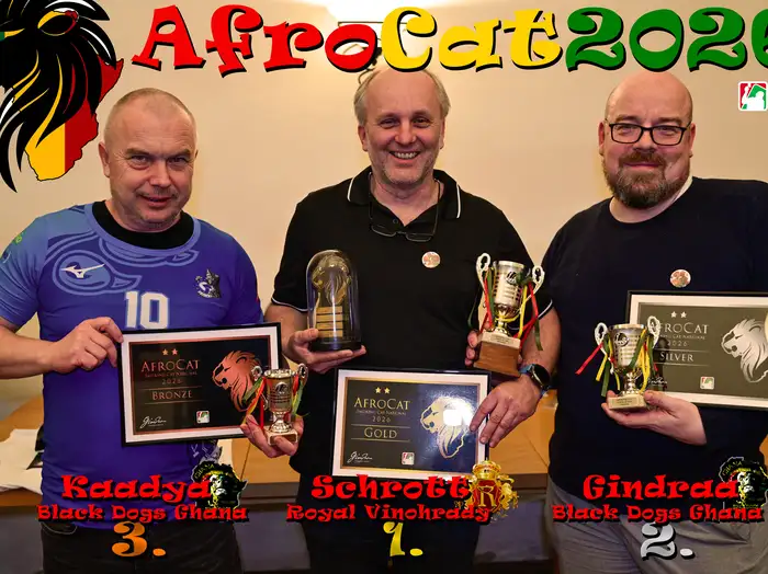 AfroCat 2026: 1. Schrott (Royal SCC Vinohtrady), 2. Gindraa a 3. Kaadya (oba Black Dogs Ghana)