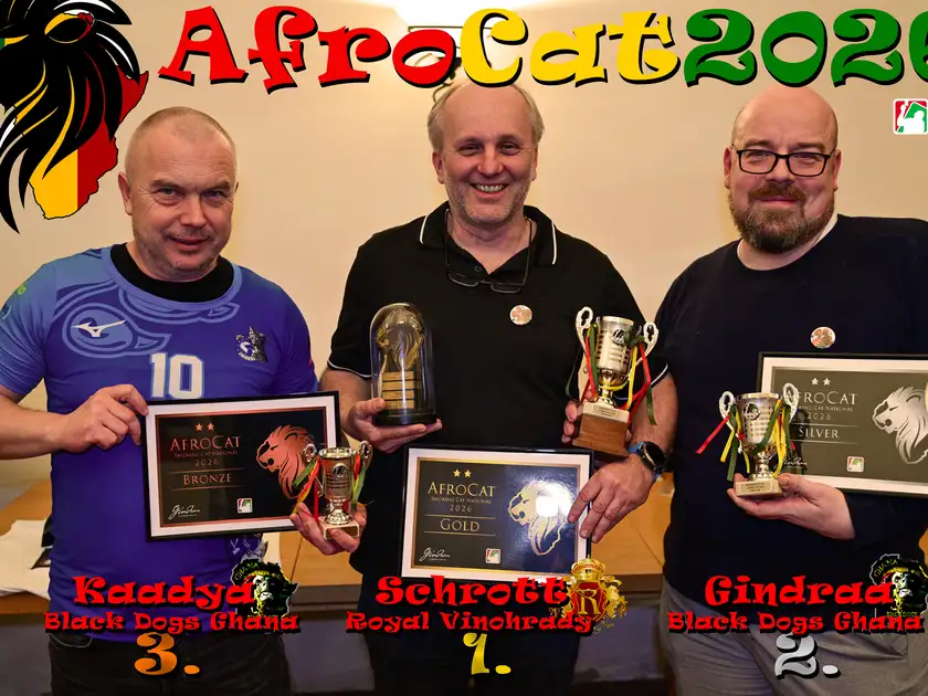 AfroCat 2026: 1. Schrott (Royal SCC Vinohtrady), 2. Gindraa a 3. Kaadya (oba Black Dogs Ghana)