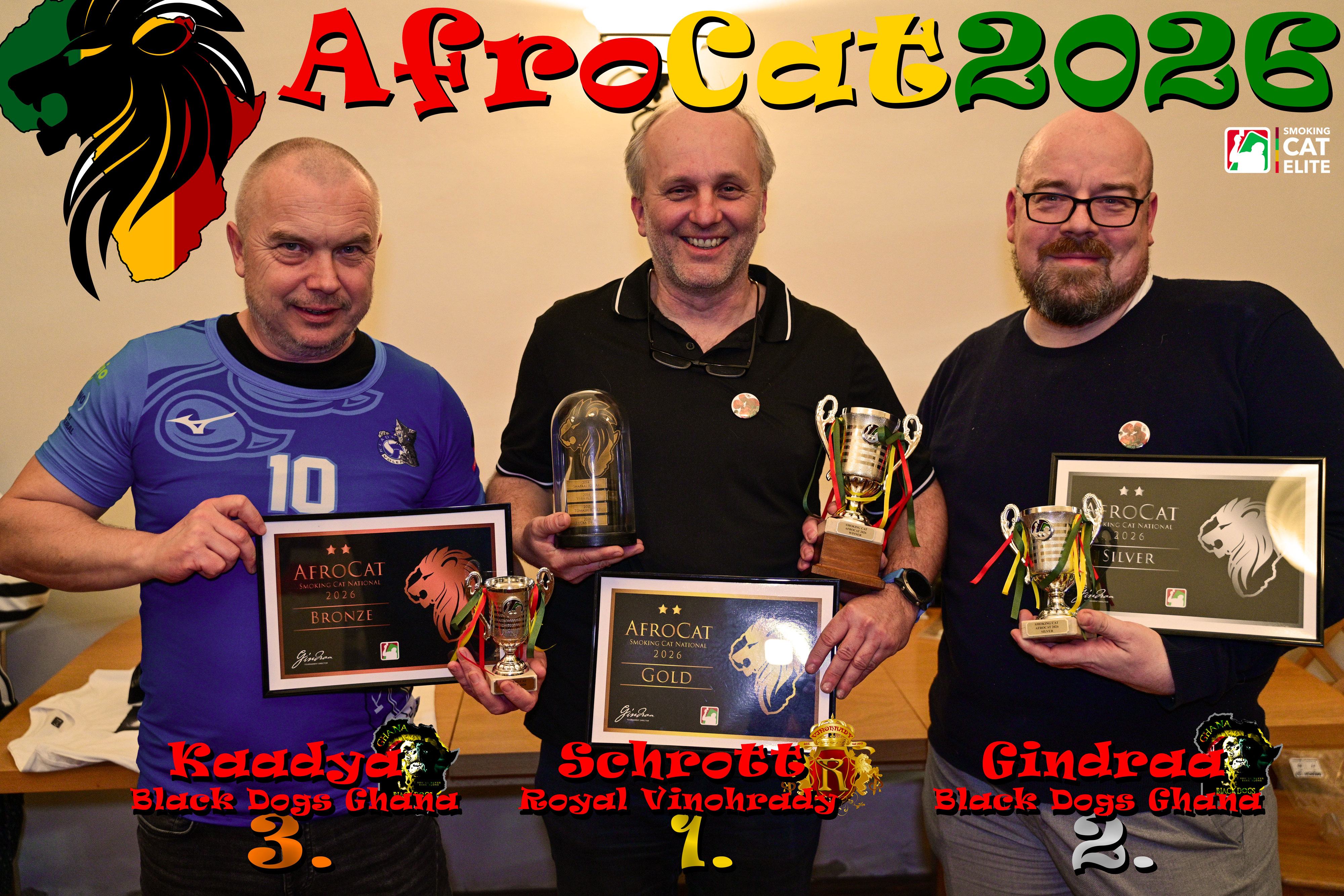 AfroCat 2026: 1. Schrott (Royal SCC Vinohtrady), 2. Gindraa a 3. Kaadya (oba Black Dogs Ghana)